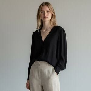 Sézane Talli Shirt Womens Sz 38 (US M) Black Long Sleeves V-Neck High End Chic